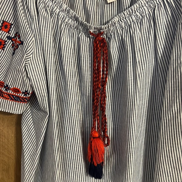 LOFT Pinstriped Embroidered Blouse - Picture 2 of 4